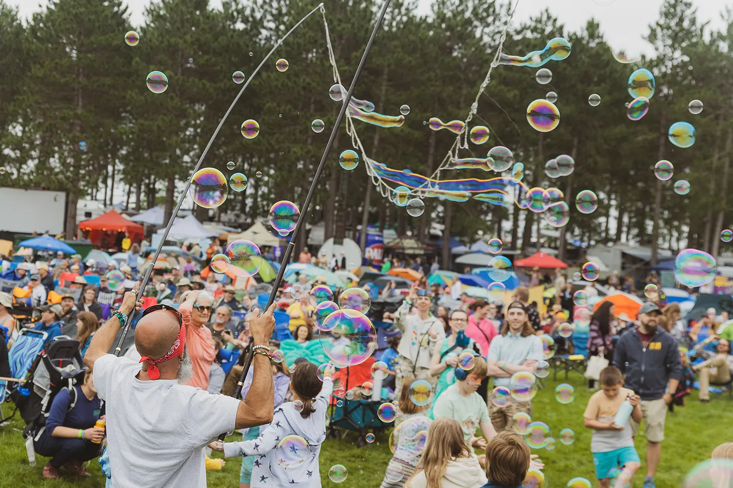 group of people with bubbles